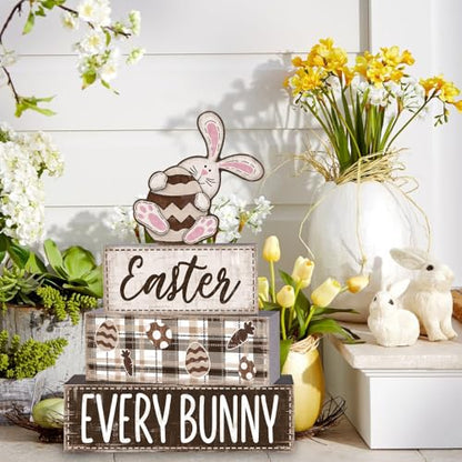 DIYDEC 4Pcs Easter Tabletop Decorations Rabbit Wooden Block Signs Bunny Tiered Tray Decor Happy Easter Centerpiece Farmhouse Wood Bunny Table Sign for Kitchen Home Office Party Decor - style: Pink Rabbit
