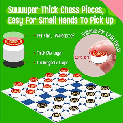 2 in 1 Checkers Set, Magnetic Game Board -Checkers & Tic-Tac-Toe, Thick Foam Checker Road Travel Game with 59 Reward Stickers for Young Kids Aged 3+