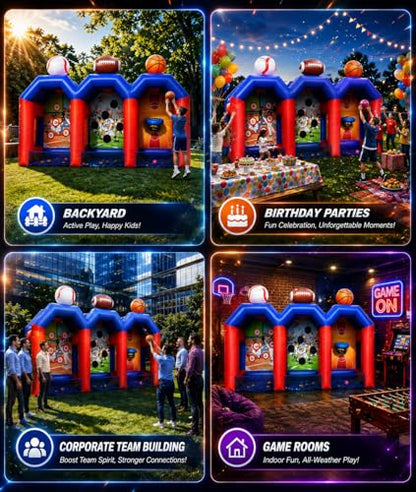 3-in-1 Inflatable Carnival Games with 3 Toss Games, Multi Inflatable Sports Games Combo for Group Team Challenge, Giant Backyard Basketball Football Baseball Throwing Target with 750W Blower