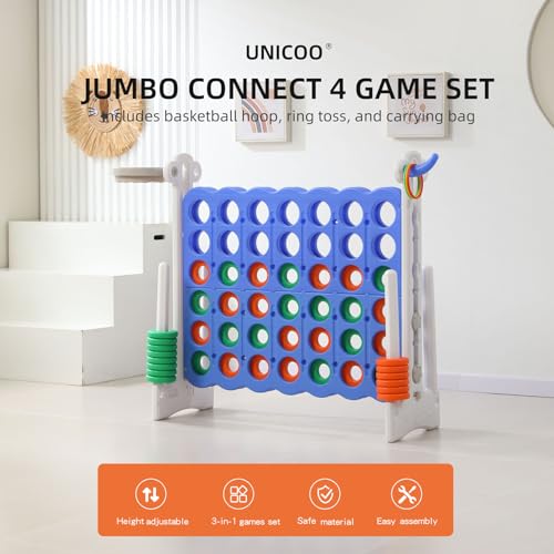 UNICOO Jumbo 4-in-a-Row Game Set, Height Adjustable Indoor Outdoor Yard Game with Basketball Hoop, Ring Toss & Carrying Bag, Family Party Lawn Game for Kids and Adults - color: Blue & White