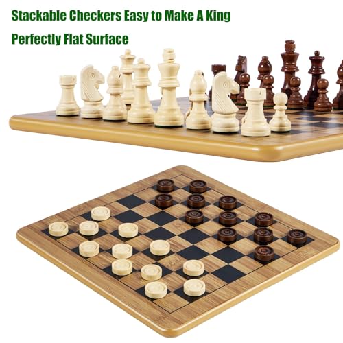 VAMSLOVE Wooden Chess Checkers Tic-Tac-Toe Game Set 11.5" x 11.5" Double-Sided 3 in 1 Board with 34 Chess Pieces - 2 Extra Queens - 24 Interlocking Checkers - Storage Bag - Instructions