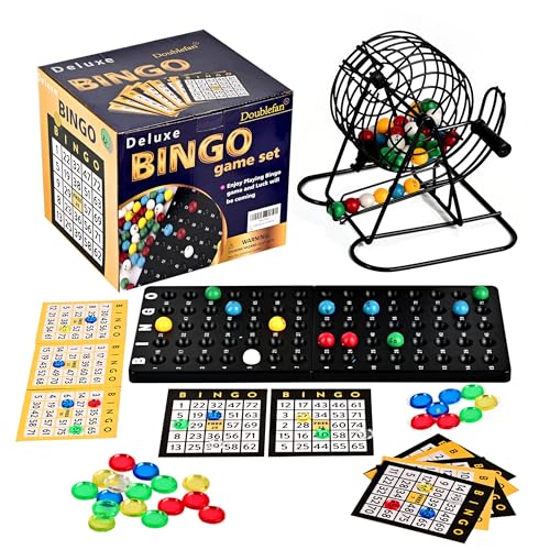 Doublefan Bingo Deluxe Game Set for Adults and Kids - Includes 8 Inch Wheel Cage, 75 Balls, Master Board, 50 Cards and Colorful Chips - Fun Family Game Night