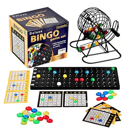 Doublefan Bingo Deluxe Game Set for Adults and Kids - Includes 8 Inch Wheel Cage, 75 Balls, Master Board, 50 Cards and Colorful Chips - Fun Family Game Night
