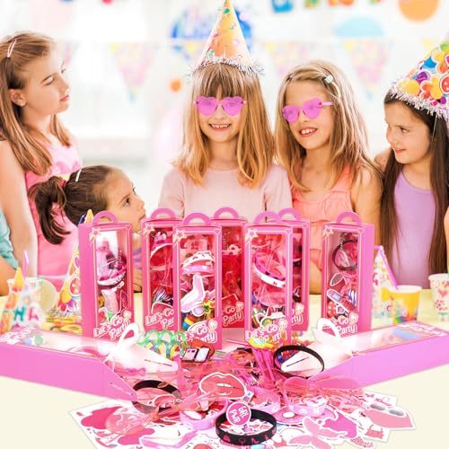 184Pcs Pink Girls Party Favors Pack - For 12Guests, Includ Goodie Box Heart Glasses Straws Bubble Wands Tattoo Sticker Bracelet Keychain, for Kids Girls Birthday Party Decoration Supplies - style: Pink Girls Party Favors