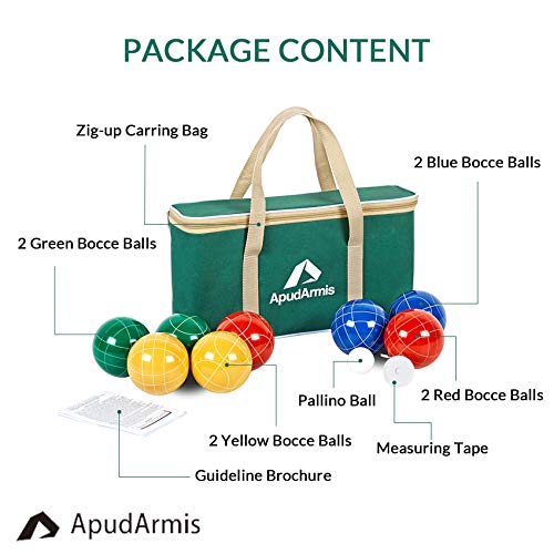 ApudArmis Bocce Balls Set, Outdoor Family Bocce Game for Backyard/Lawn/Beach - Set of 8 Poly-Resin Balls & 1 Pallino & Nylon Carrying Case & Measuring Rope (90mm) - size: 90mm Universal Size