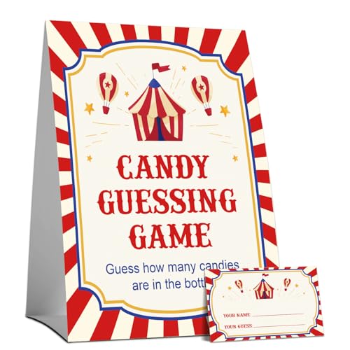 Carnival How Many Candies Games, Circus Theme How Many Game Set, Carnival Birthday Baby Shower Bridal Shower Wedding Party Game Activity Supplies, 1 Standing Sign and 50 Cards -03