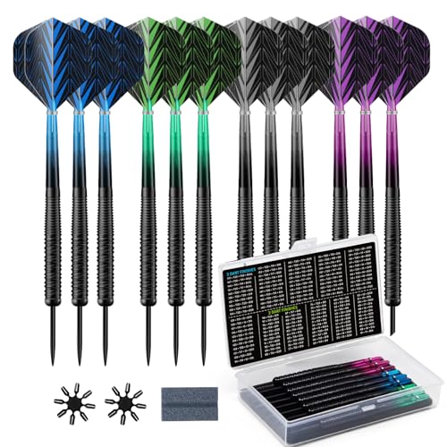 12 Pack Steel Tip Darts Set, 18g Professional Darts Metal tip with 4 Style Darts Flights with Protectors, Sharpening Stone &Darts Case, Ideal for Beginners, Home, Pub & Office Indoor