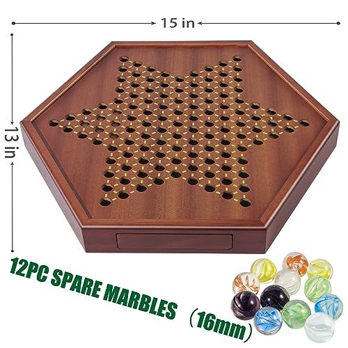VAMSLOVE Chinese Checkers 15" Large Upgraded Version Wooden Game Board, 16mm 60+12 Colorful Glass Marbles, Easy Grasping for Adults and Kids, w/Storage Drawer, Fun for Family Gathering