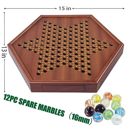 VAMSLOVE Chinese Checkers 15" Large Upgraded Version Wooden Game Board, 16mm 60+12 Colorful Glass Marbles, Easy Grasping for Adults and Kids, w/Storage Drawer, Fun for Family Gathering