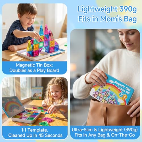 Mini Magnetic Tiles for Kids Travel: 40 PCS Pocket Magnet Building Blocks in Tin Box to Stop Crying - 60 Mins Quiet Play at Church Restaurant - Boys Girls Age 3-8 - style: Candy Color 40PCS