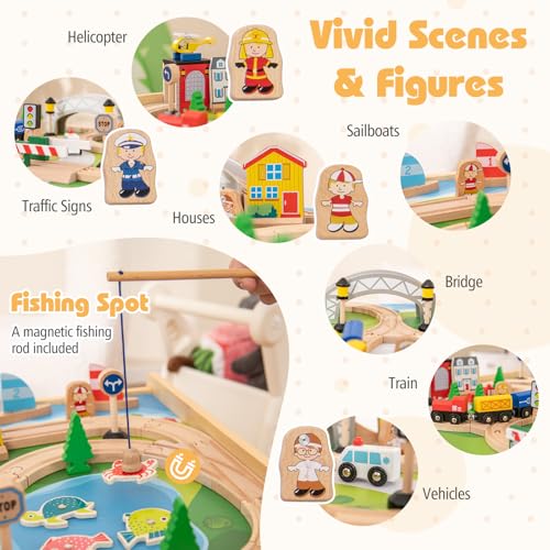 Costzon Train Table, 5 in 1 Kids Activity Wooden Set w/ 78 Pieces Railway Playset, Reversible Map Top, Blackboard, Building Bricks Station & Large Storage Space, Toddler Sensory Table for 18 M+ - size: 31" x 22.5" x 15.5" (L x W x H)