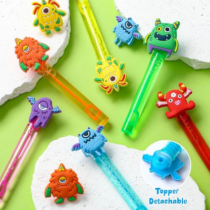 Winrayk Monster Party Favors, 24Pcs Self-designed Mini Bubble Wands for Kids Bubbles Bulk with Detachable Topper (6 Styles & Colors), Birthday Gift Toy Pinata Filler Goodie Bag Stuffer Classroom Prize - style: Monster