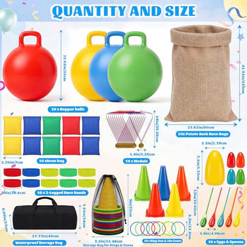 76 Pcs Outdoor Carnival Games Set, Multi Game Field Day Kit with Potato Sack Race Bags, Hopper Balls, Ring Toss, Bean Bags, Medals Cones for Backyard Party, Picnic, Reunion, Team Building