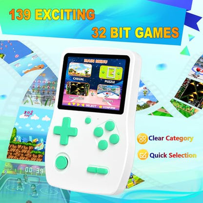 32 Bit Handheld Games for Kids Preloaded 139 Video Games, Portable Video Gaming Player with 3.0" IPS Screen and Rechargeable Battery, Mini Travel Games Electronic Gifts Toys for Boys Girls, White - color: White