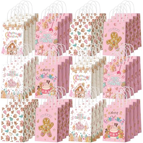 Kolldenn 48 Pcs Pink Christmas Gingerbread Party Favors Bags Christmas Goodie Gift Paper Bags with Handles Xmas Tree Gingerbread Coffee Candy Treat Bag for Xmas Party Decorations Holiday Supplies - style: Gingerbread