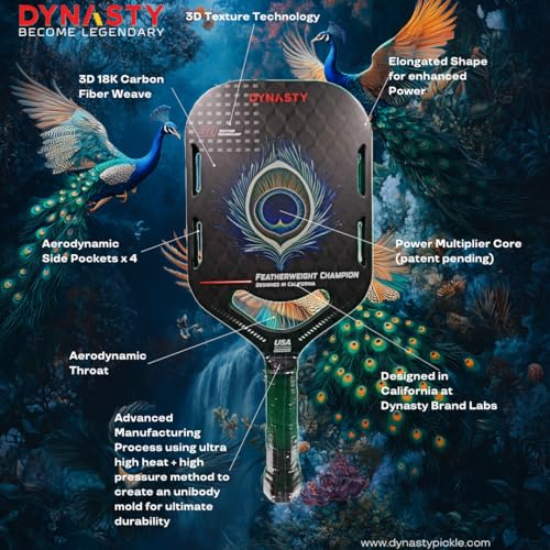 Dynasty Heavyweight/Feather T700 Triple-Layer Raw Carbon Fiber + Friction Surface 16mm Aero *Gen 3.5 All-Court Power Pickleball Paddle* / Hall of Famer 18K *Control+Spin* - color: Featherweight 3D 18K Peacock