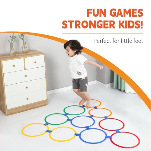 Hopscotch Rings, 1-Set – 10 Round Hoops (11-inch) + 15 Connectors, Agility Rings for Kids, Builds Gross Motor Skills, Preschool & Kindergarten PE, Indoor/Outdoor Playground Obstacle Course - style: 11" Hoop – 1 Set