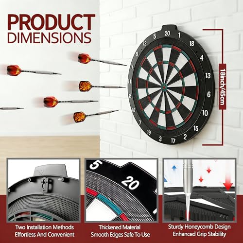 18 Inch Soft Tip Dart Board for Adults, Staple-Free Plastic Surface with 6 Aluminum Darts & 20 Extra Tips, Indoor/Outdoor Game Room Bar Dartboard Set