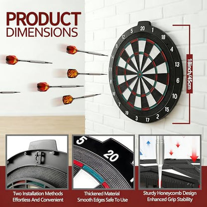 18 Inch Soft Tip Dart Board for Adults, Staple-Free Plastic Surface with 6 Aluminum Darts & 20 Extra Tips, Indoor/Outdoor Game Room Bar Dartboard Set