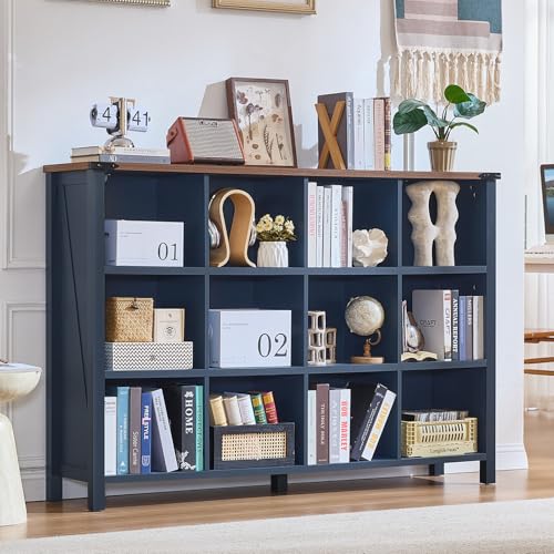Joaxswe 12 Cube Storage Organizer, Farmhouse 62 Inch Wide Navy Blue Display Bookshelf, Wooden 3 Tier Large Open Book Shelf, Vintage Bookcase for Home Office, Cubby Cabinet for Living Room, Bedroom - color: Navy Blue, size: 12 Cube (13.6"D x 62"W x 42.2"H)
