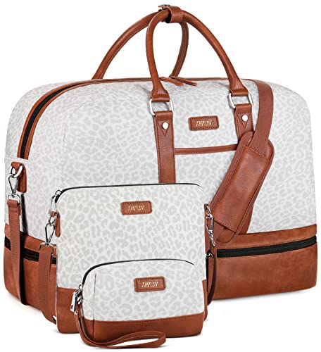 Weekender Bag for Women, Large Overnight Bag Canvas Travel Duffel Bag Carry On Tote with Shoe Compartment 21" 3Pcs Set - color: A07-brown+gray leopard