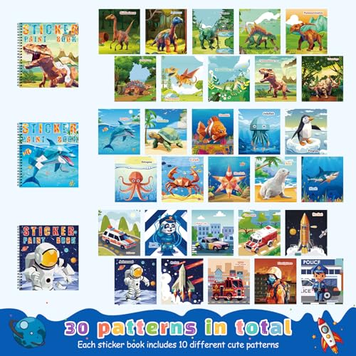 homicozy 3PCS Sticker Paint Books for Kids Ages 4-10,Dinosaur Astronaut Ocean Animals Designs Paint by Stickers,Sticker by Numbers,Party Birthday Gifts for Boys 4-10,Create 30 Pictures at a Time - style: Style2-3PCS