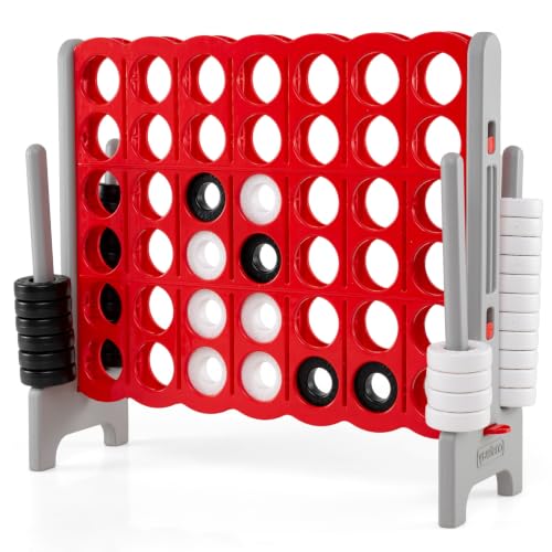 COSTWAY Giant 4-in-a-Row Game Set, Jumbo 4-to-Score for Kids and Adults with 42 Jumbo Rings & Quick-Release Slider, Indoor Outdoor Yard Party Game for Lawn, Holiday Party & Family (Red & Grey) - color: Red & Grey