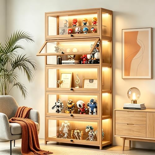 67.7" Tall Display Cabinet with Flip-up Doors, 5-Tier Curio Cabinet for Collectibles Toy Organizers Rack & Display Case, Kids Bookcase for Reading Corner,Playroom,Study,Living Room,Bedroom - color: Natural Wood Color