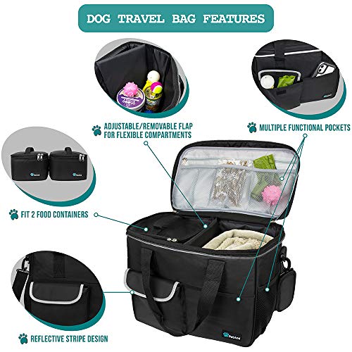 PetAmi Dog Travel Bag Organizer, Pet Travel Kit with 2 Food Containers & 2 Collapsible Dog Bowls, Pet Supplies Tote with Luggage Sleeve, Weekend Road Trip Camping Essentials, Black, Medium - color: Black, size: Medium - 14.5"L x 8"W x 12.0"H