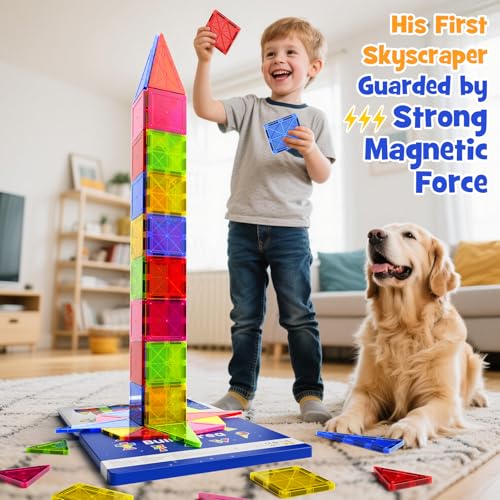 Jumbo Magnetic Tiles with Secure Metal Case, 32 Pcs Large Magnetic Building Blocks for Kids 3-8, STEM Toys for Toddlers, Preschool Learning Montessori Toys, Age 3+ Boy Girl Gift - size: Large