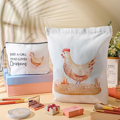 Sieral 2 Pcs Animal Lover Bag Gift for Women Travel Canvas Tote Portable Zipper Pouch Canvas Reusable Grocery Tote - style: Chicken