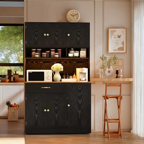 FJTJBSI 72" Kitchen Pantry Cabinet with LED Light and Charging Station Tall Pantry Storage Cabinet with Adjustable Shelves and Door Shelves Modern Kitchen Hutch with Countertop Black - color: Black