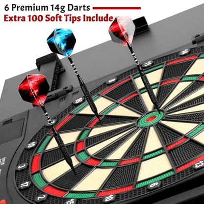 Electronic Dartboard Cabinet, Digital Soft Tip Dartboards with LED Scoreboard, Dart Board Set with 40 Games 420 Variants, 6 Darts, 100 Tips
