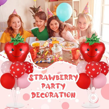 Strawberry Party Balloons Stand Kit 2 Sets with 2 Strawberries Foil Balloons Sweet Strawberry 1st Party Balloon Centerpieces for Tables for Girls Strawberries Birthday Themed Decorations - style: Strawberry