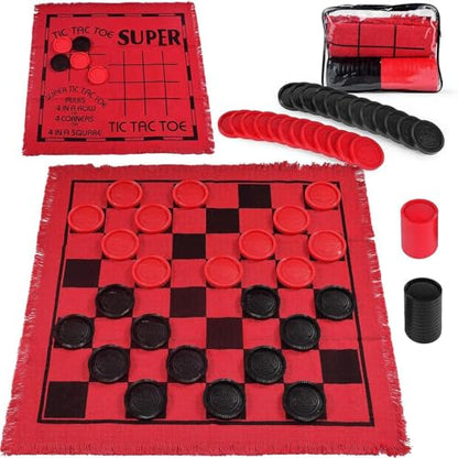 predolo Checkers Board Game Set,Classic 3 in 1 Indoor and Outdoor Activity Checker Game Mat, Toe Game Giant Checkers, red