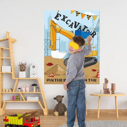 WERNNSAI Pin the Bucket on the Excavator Party Game - Construction Birthday Party Supplies for Boys Under Construction Theme Party Decorations Favors with 24 Pcs Stickers and Blindfold - style: Construction