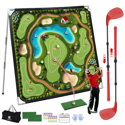 Roykaw Battle Golf Chipping Game with Turf Mat,Golf Clubs,Scoreboard,Golf Course/Cartoon Game Set for Fun Chipping Practice, 70.8 x 70.8 Inches,Reinforced Adjustable Stand, Easy to Carry & Storage - style: Golf Course