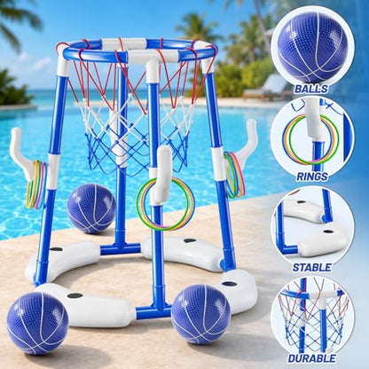 JUKUDAHU Pool Basketball Hoop, Boy Pool Toys for Kids Ages 4-8, 2-in-1 Floating Pool Ring Game with 4 Balls and Pump, Outdoor Swimming Water Play Toy, Summer Water Toys for Kids Adults Age 3-12 - color: Blue