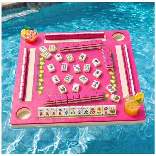 Floating Mahjong Table for Pool,32×32in Pool Float Game Board for Mahjong Poker Dominoes,Hot Tub Float Table with Tile Racks and Cup Holders for Adults,Summer Pool Party Accessories (Pink Lemon) - color: Pink Lemon