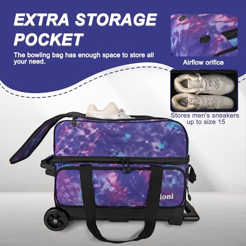 Goloni Double Roller 2 Ball Bowling Bag with Separate Shoe Compartment,2 Ball Bowling Bag with Wheels,Retractable Handle Extends to 40" - color: Purple Camouflage