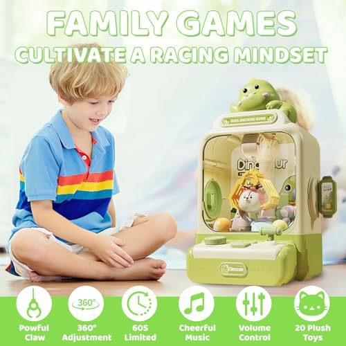 Dinosaur Claw Machine - Mini Vending Machine with Lights and Music, Candy Machine Dispenser for Kid Ages 3+, Electronic Kids Claw Machine Game for Birthday Party Includes 10 Plush Toys - color: Green