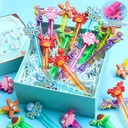 Winrayk Under the Sea Party Favors, 24Pcs Self-designed Mini Bubble Wands for Kids Ocean Animals Bubbles Bulk & Detachable Topper (6 Styles), Birthday Gift Pinata Goodie Bag Stuffer Classroom Prizes - style: Ocean Animal