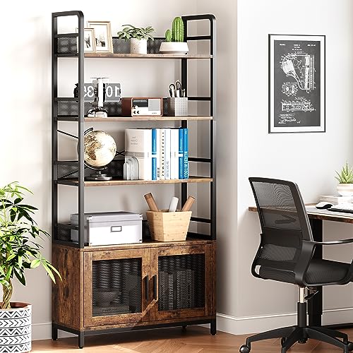 GarveeHome Bookshelf with Doors Industrial Bookcase with 4 Tiers Open Storage Shelf 70.87 in Tall Bookshelves Rustic Display Rack Cabinet for Bedroom, Living Room, Home Office, Brown