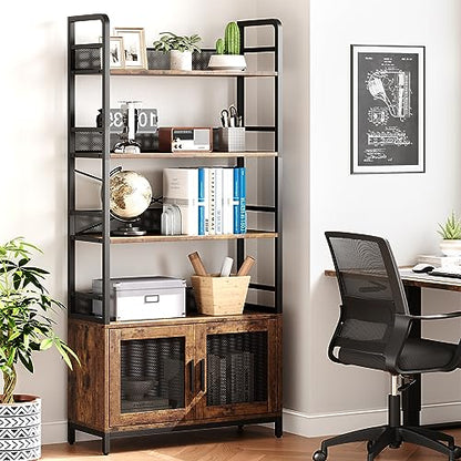 GarveeHome Bookshelf with Doors Industrial Bookcase with 4 Tiers Open Storage Shelf 70.87 in Tall Bookshelves Rustic Display Rack Cabinet for Bedroom, Living Room, Home Office, Brown