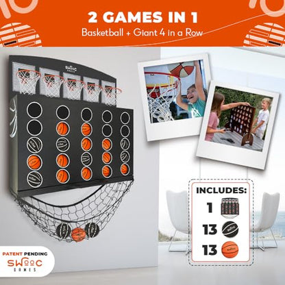 Swooc Games - Low Post Lineup | Wall Mounted Giant Basketball 4 in A Row w/ 5+ Games | Basketball Hoop for Room Wall Games | Game Room Games | Mini Basketball Hoop Indoor Connect | Four in A Row Game