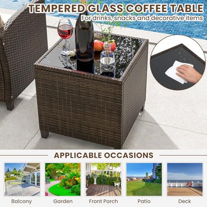 Tangkula 5 Pieces Patio Conversation Set, PE Wicker Rattan Outdoor Furniture Set with 2 Chairs, 2 Ottomans & Tempered Glass Coffee Table, Ideal for Poolside, Backyard, Lawn, Deck (Mix Brown & Beige) - color: Mix Brown & Beige
