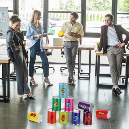 13 Pcs of Bean Bag Toss Game Carnival Knockdown Can Throwing Game Sets 10 Tin Cans with Letter or Number Pattern and 3 Bean Bag for Kids Holiday Easter Party Outdoor Lawn Yard Activity - style: Comic Style