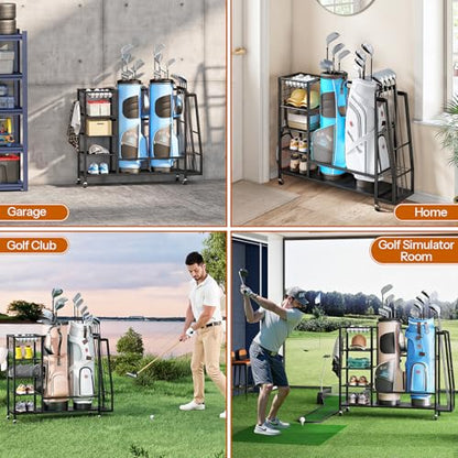 HOOBRO Golf Bag Storage Garage Organizer, Golf Bag Storage Stand Fits 2 Golf Bags and Golf Equipment Rack with Wheels, Extra Storage Rack for Garage, Club, Basement, Black BK49CJ01 - size: 43.3"L x 11.8"W x 33.5"H