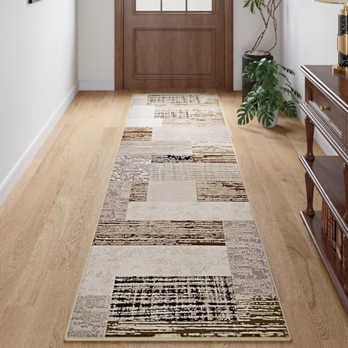 FlyDOIT Modern Geometric Patchwork Area Rug, 2x6 Beige Runner Rugs for Living Room, Rockwood Collection Indoor Rugs for Bedroom, Throw Carpet Floor Decor for Entryway Dining Room Office Nursery - color: Beige, size: 2' x 6' (Rectangular)
