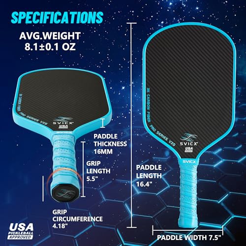 Carbon Fiber Pickleball Paddle 16mm – Professional Pickleball Paddles with Superior Control, Power & Spin – Extended Handle for Two-Handed Grip, USAPA Approved - color: Light Blue